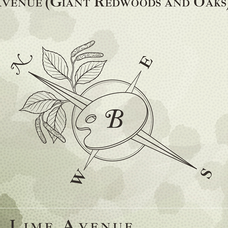 Custom compass rose featuring hornbeam leaves and an artist's palette, referencing the National Collection and Mary Beale