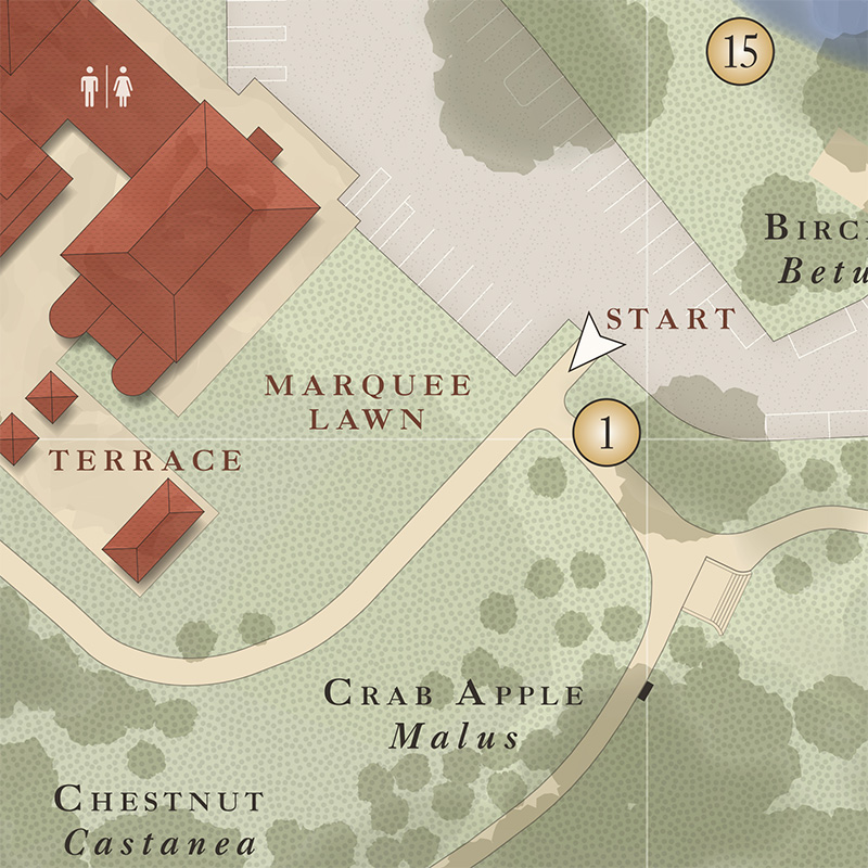Detail of the Beale Arboretum map showing hotel buildings, paths, and numbered waypoints